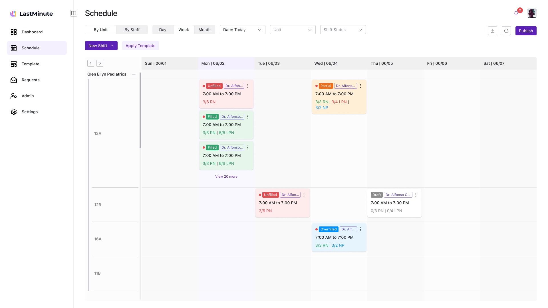 Schedule overview with applied template