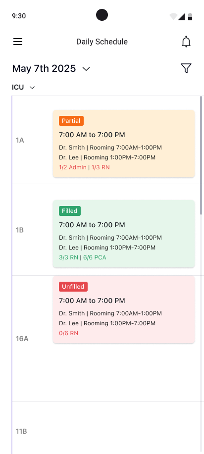 Manager mobile — daily schedule with shift status