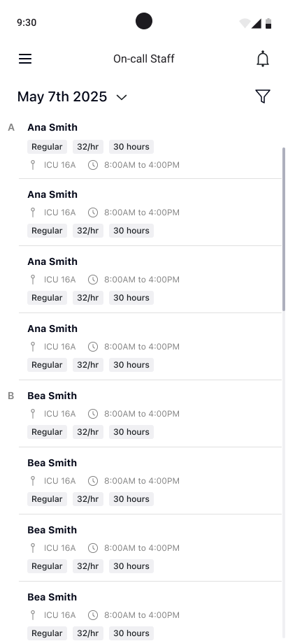 Manager mobile — on-call staff list with filters