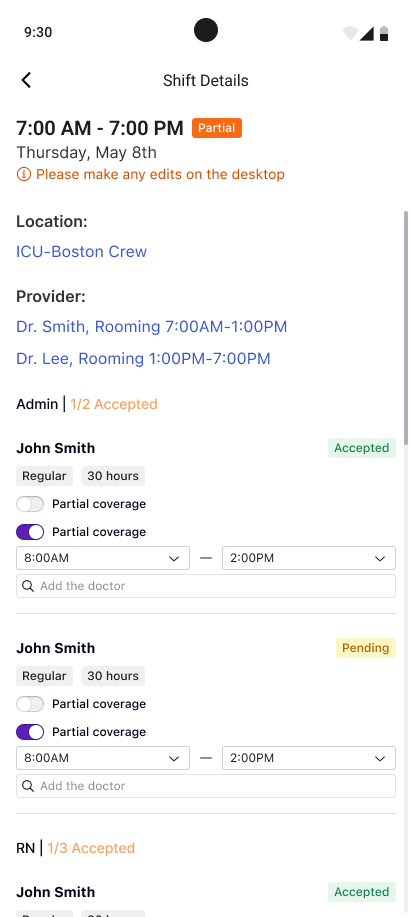 Manager mobile — shift details with staff assignments