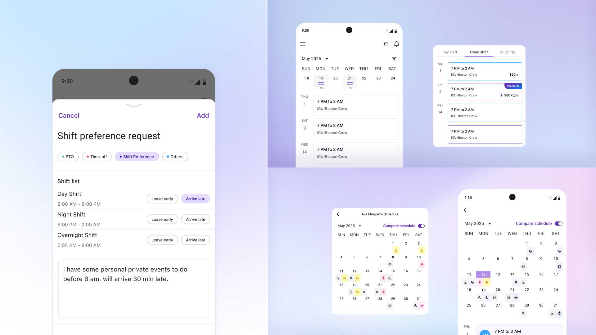 Nurse mobile app — shift preferences, calendar, schedule views, and open shift details