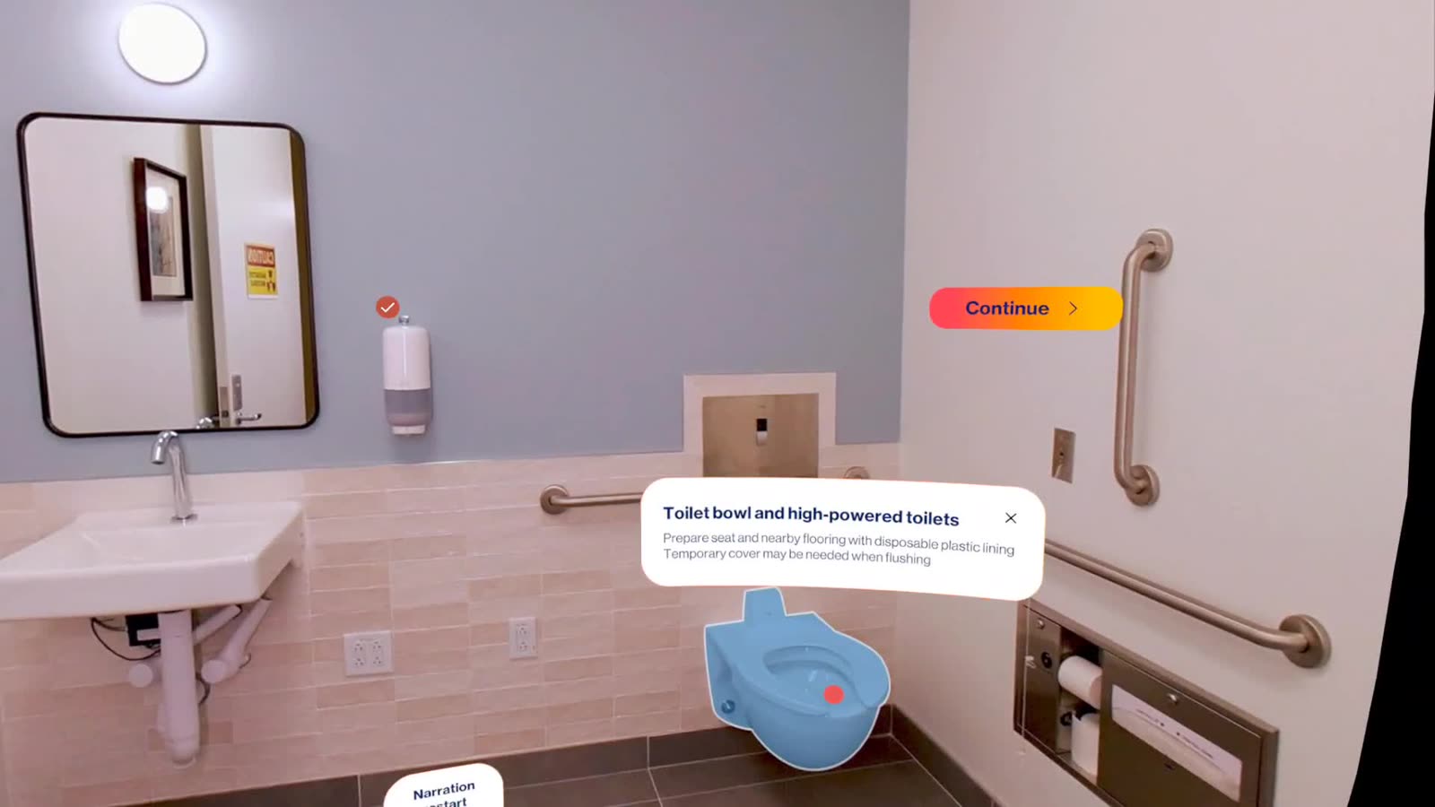 Bathroom prep with interactive hotspots — the toilet bowl panel surfaces 'Prepare seat and nearby flooring with disposable plastic lining' from a single tap