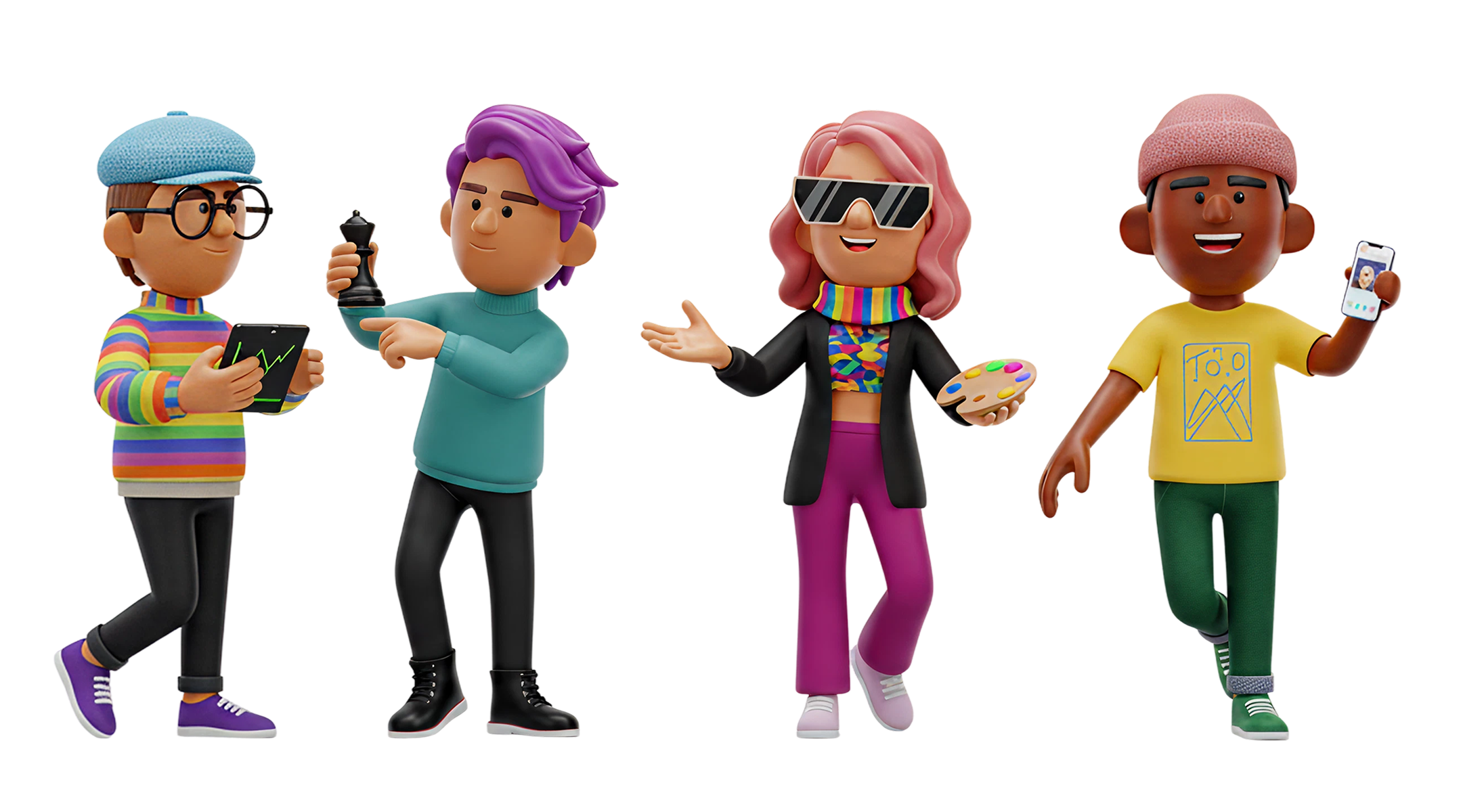 Four 3D AI agent characters — Research Analyst, Brand Strategist, Creative Director, and Operations Manager