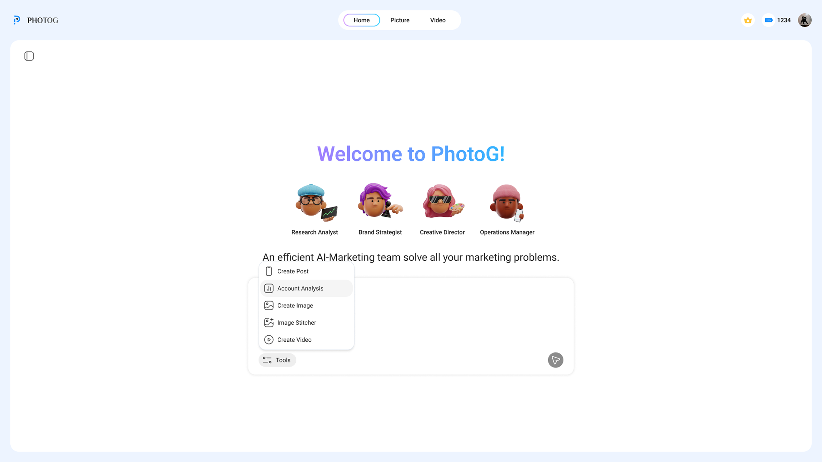 PhotoG welcome screen with four AI agent characters